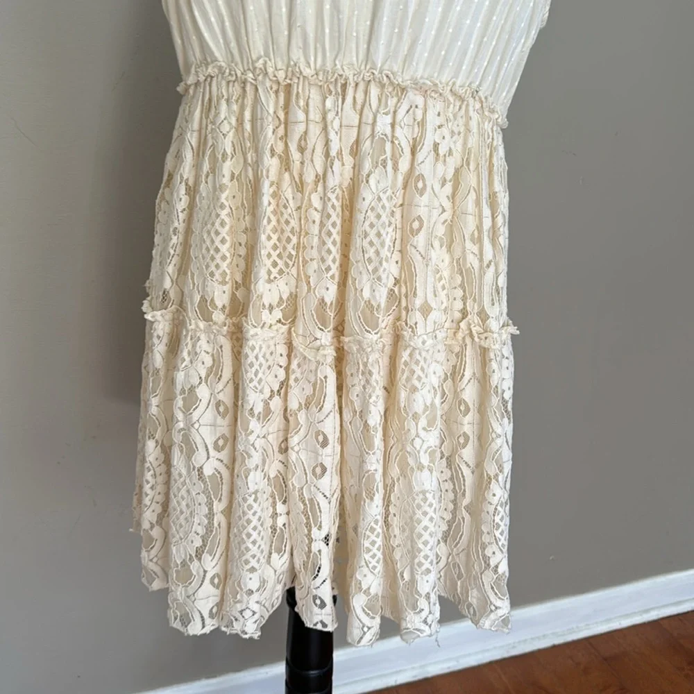 Lola Casademunt Bohemian Sleeveless V-Neck Lace Ivory‎ Cotton Mini Dress Size L